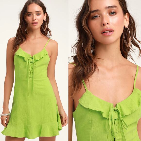 Lulu's Here to Dance Lime Green Lace-Up Mini Dress - Picture 2 of 8